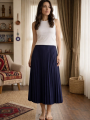Kadın 90 Cm Saten Kumaş Pliseli Midi Etek Şık ve Zarif Tasarım - Lacivert