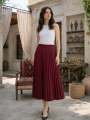 Kadın 90 Cm Saten Kumaş Pliseli Midi Etek Şık ve Zarif Tasarım - Bordo