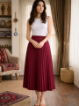 Kadın 90 Cm Saten Kumaş Pliseli Midi Etek Şık ve Zarif Tasarım - Bordo