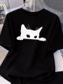 Kadınlar için Siyah Kedi Grafik Tişört - Oversize Kısa Kollu Üst Nefes Alabilir - Siyah