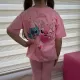 Pembe Stitch Kısa Kollu Taytlı Çizgi Karakter Baskılı Kız Çocuk 2li Takım