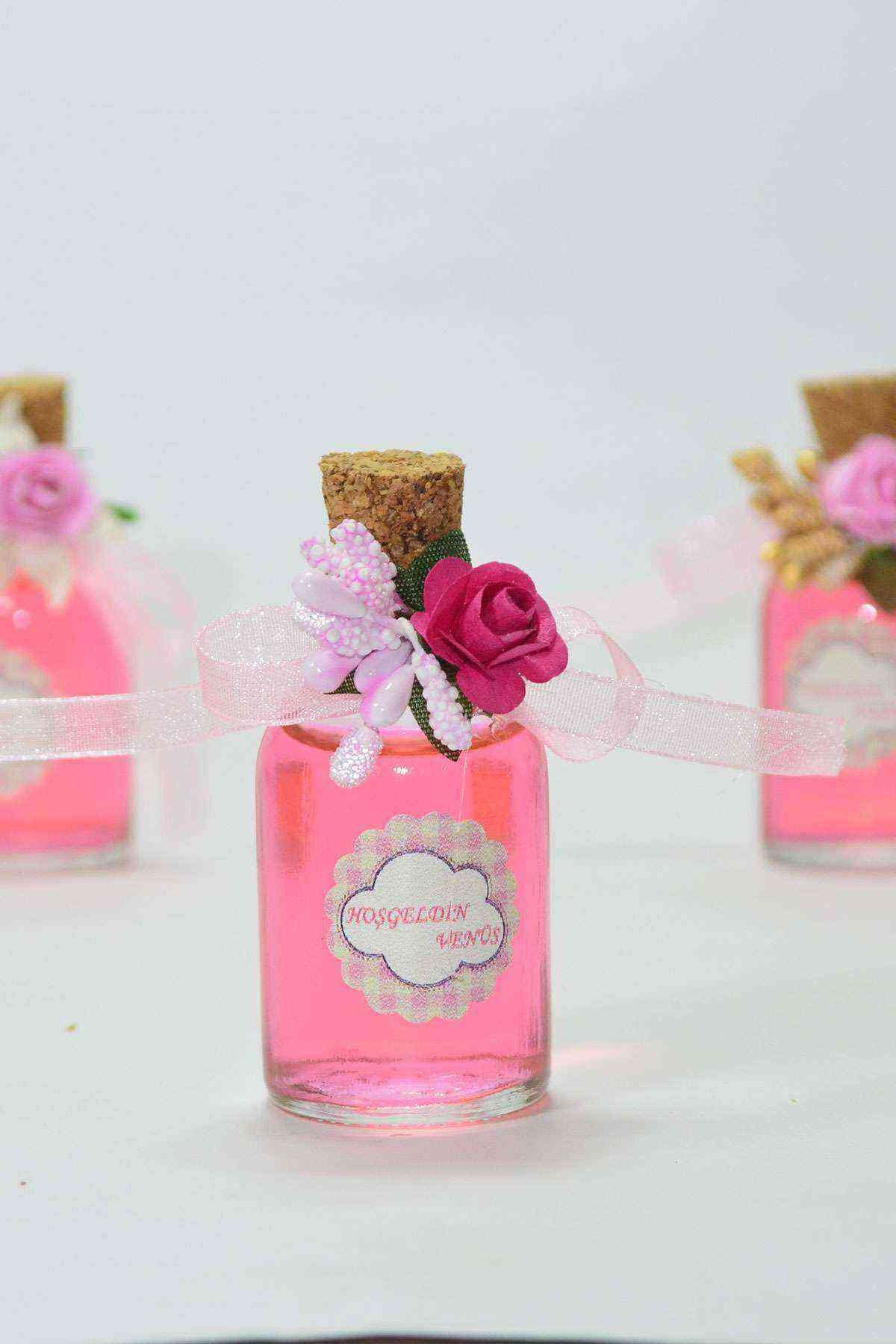 25 Adet Çiçekli Hediyelik Kolonya Şişesi, Nikah Şekeri, Bebek Şekeri - fuşya pembe