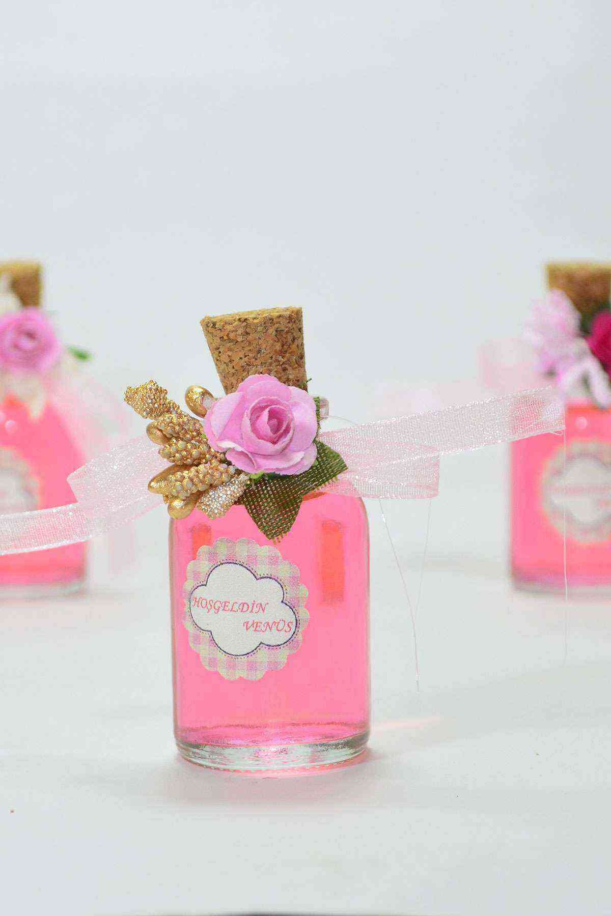 25 Adet Çiçekli Hediyelik Kolonya Şişesi, Nikah Şekeri, Bebek Şekeri - altın pembe