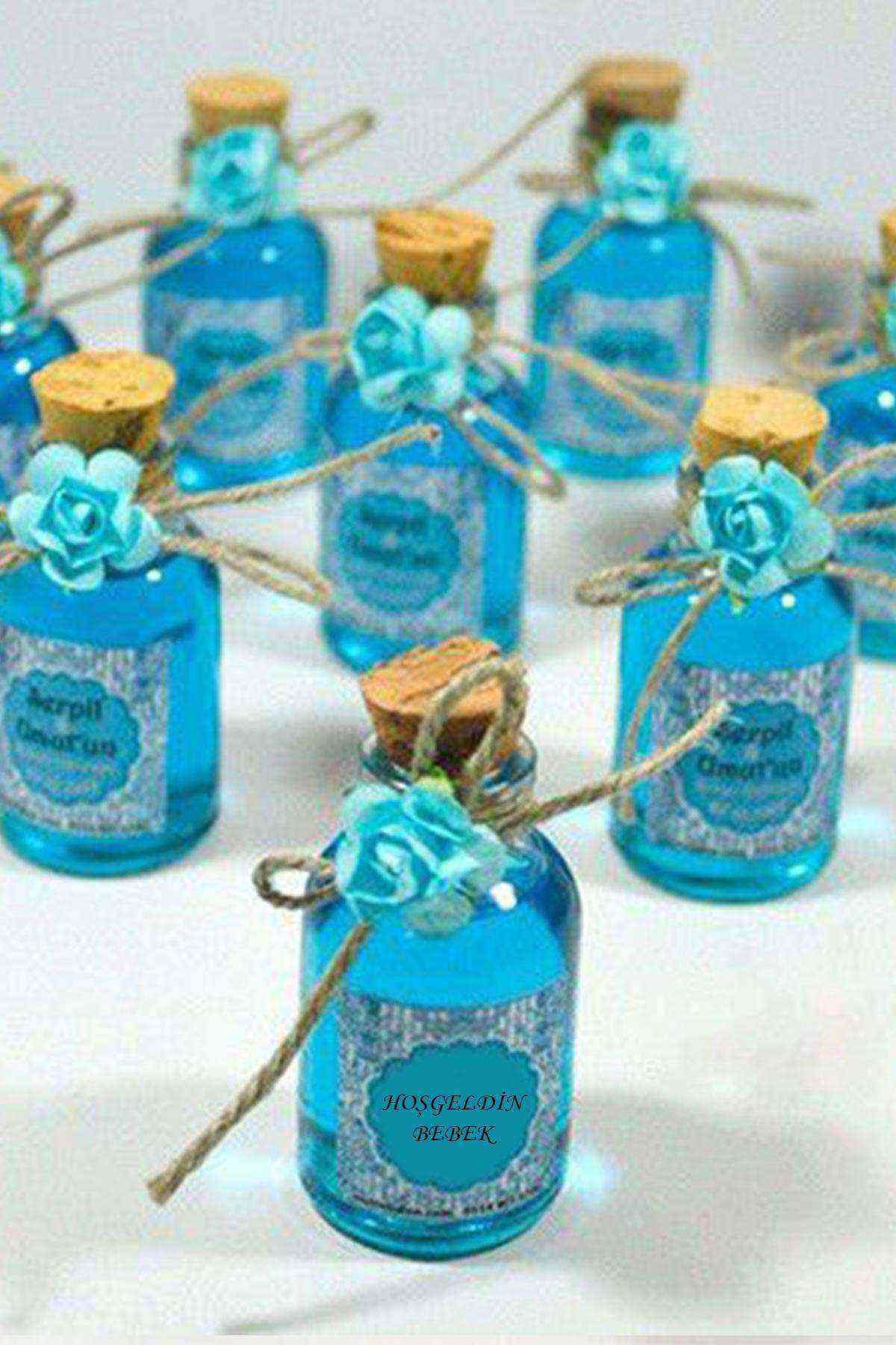 50 Adet Çiçekli Hediyelik Kolonya Şişesi, Nikah Şekeri, Bebek Şekeri - MAVİ