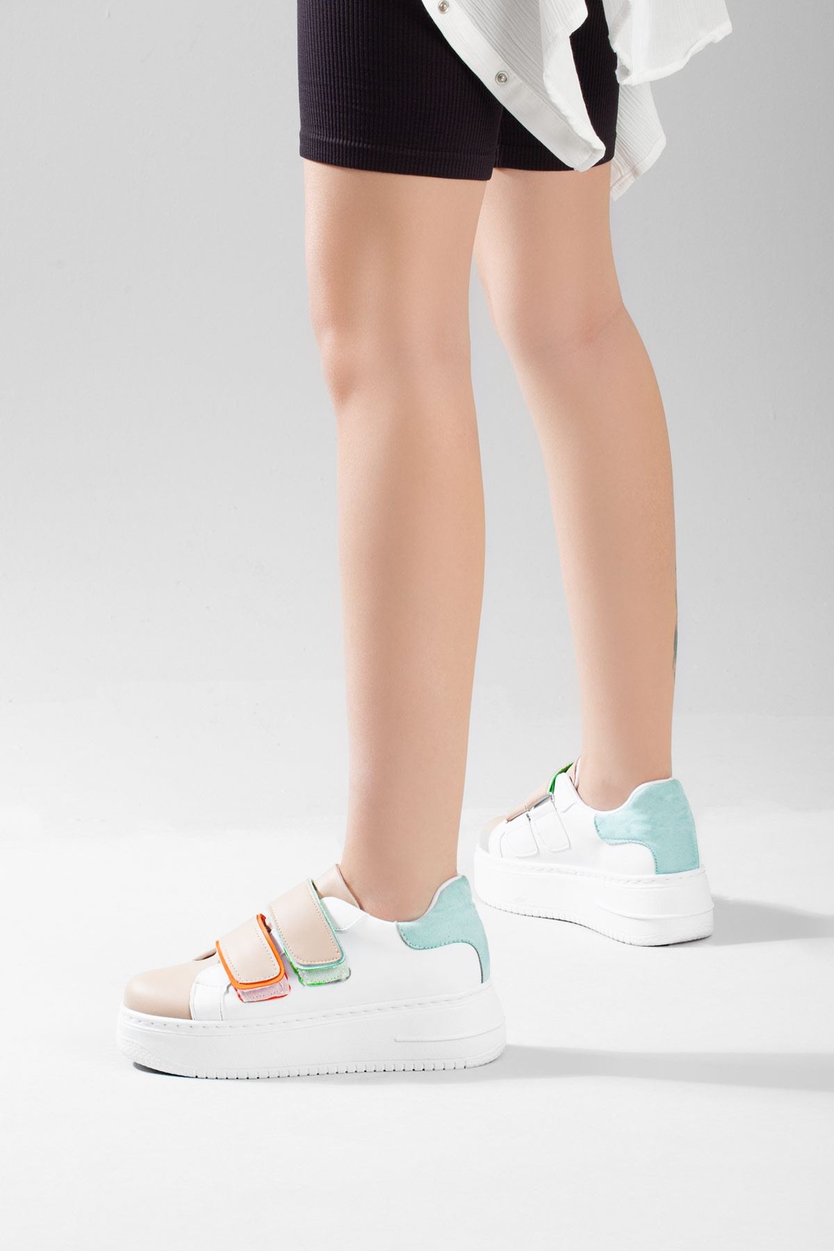 Kadın Beyaz Yeşil Yüksek Topuklu Spor Ayakkabı , Snekaer