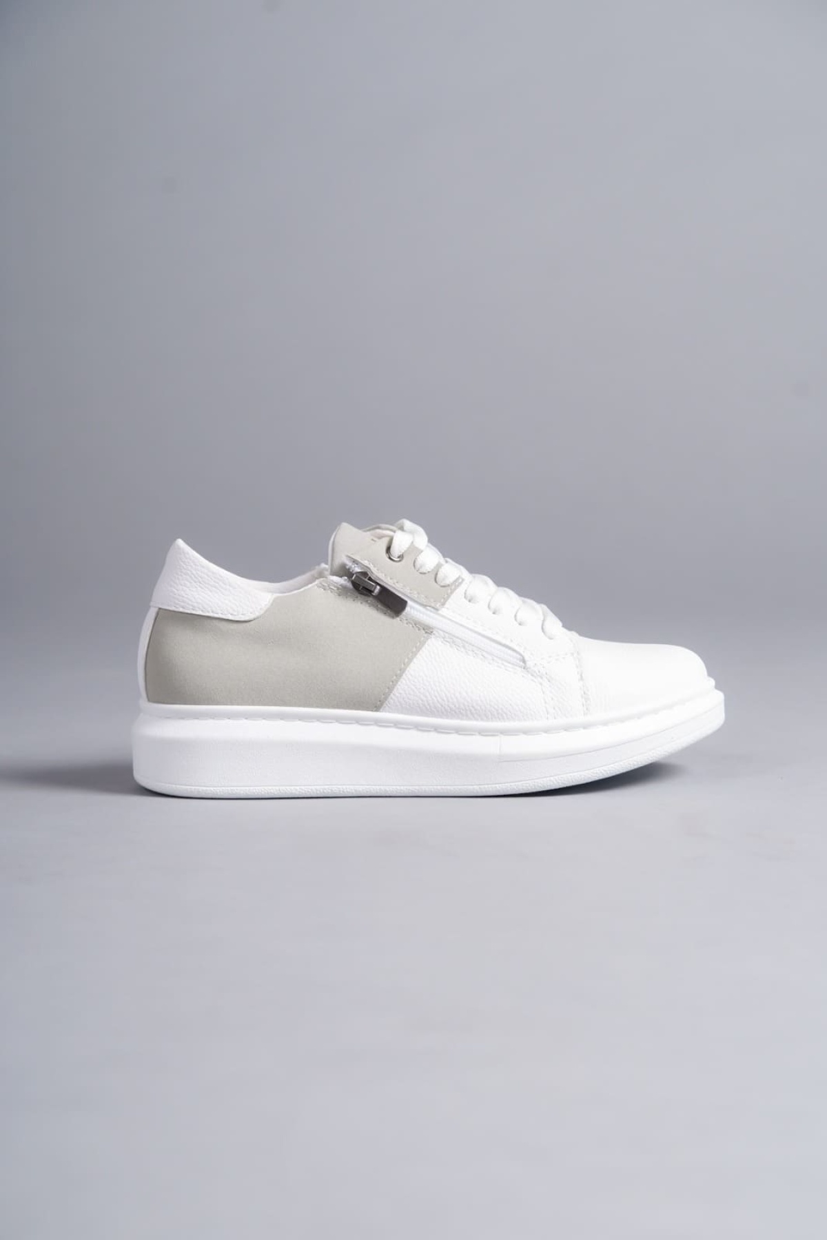 Warrior Bağcıklı ve Fermuarlı Cilt Süet Erkek Günlük Sneaker Ayakkabı BT Beyaz/Gri