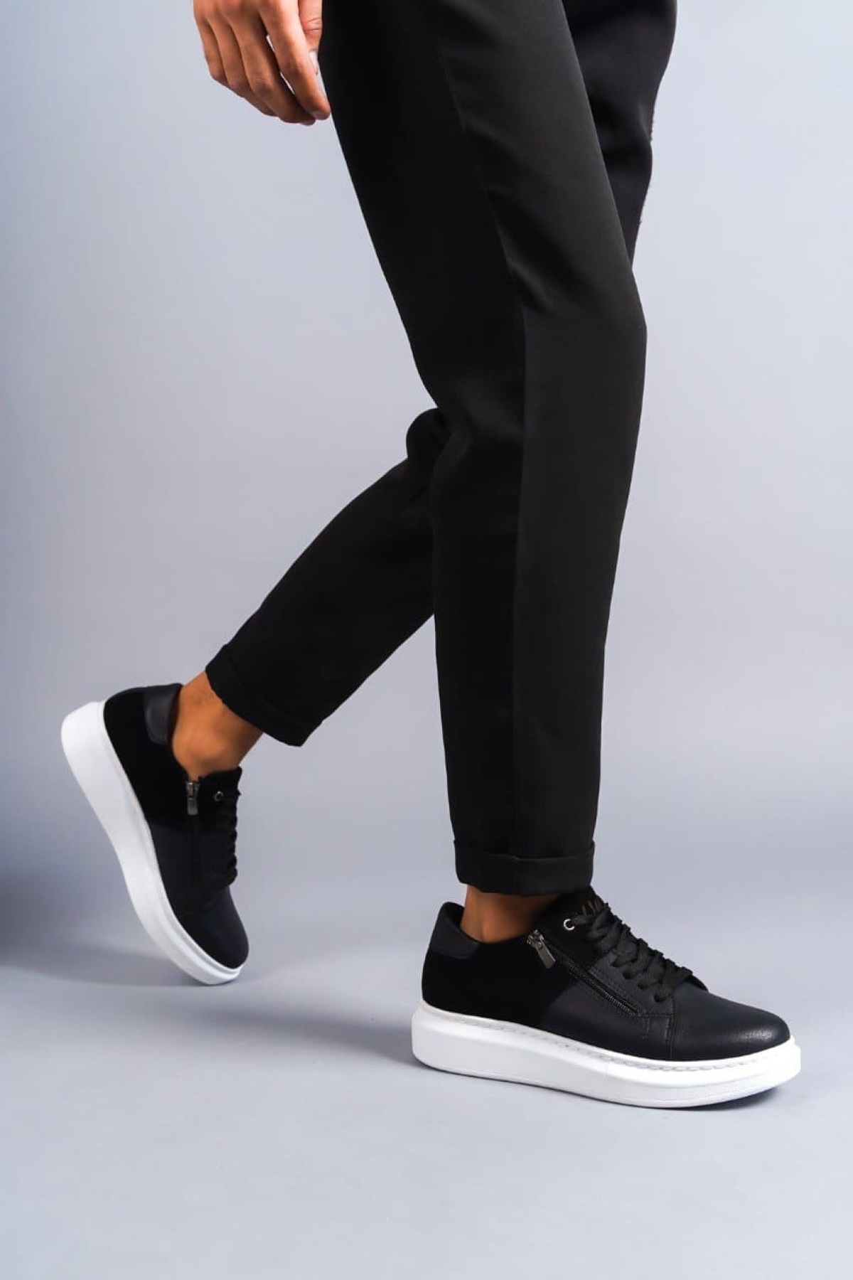 Warrior Bağcıklı ve Fermuarlı Cilt Süet Erkek Günlük Sneaker Ayakkabı BT Siyah
