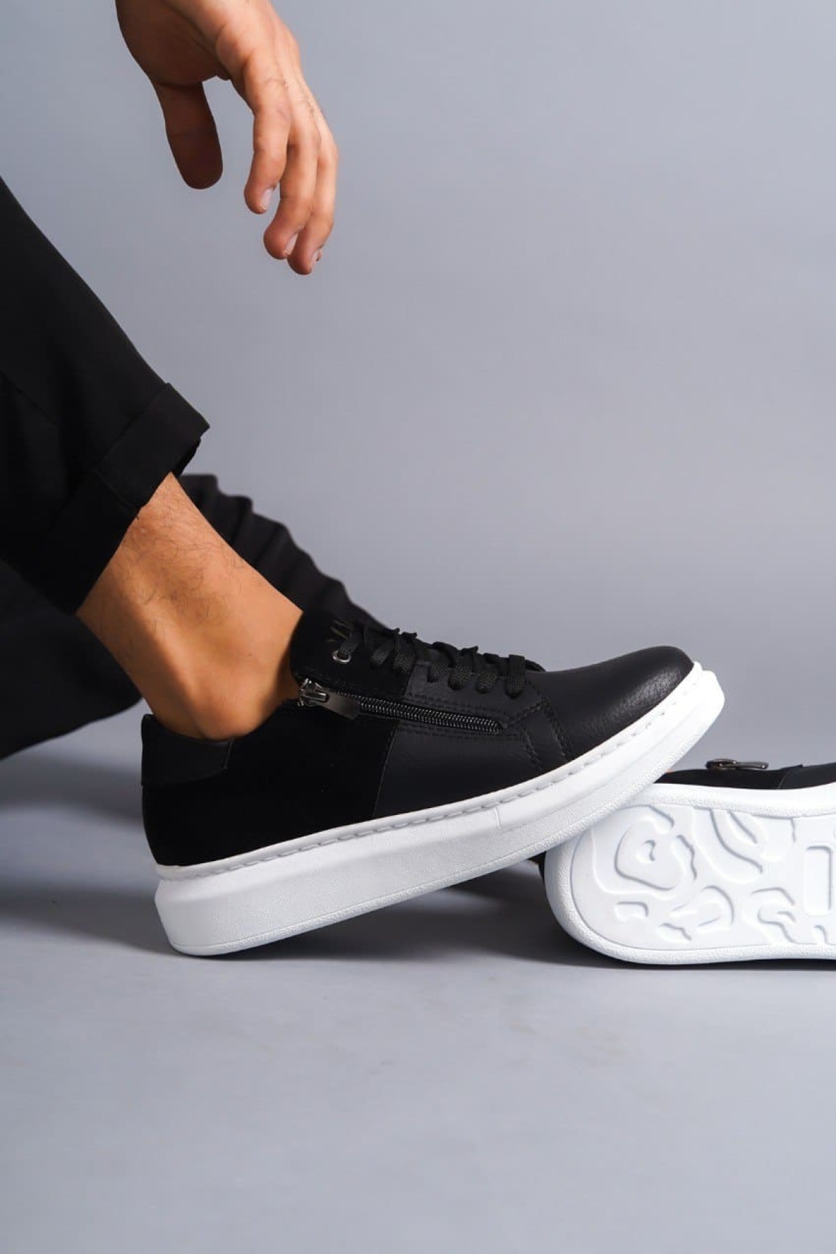 Warrior Bağcıklı ve Fermuarlı Cilt Süet Erkek Günlük Sneaker Ayakkabı BT Siyah
