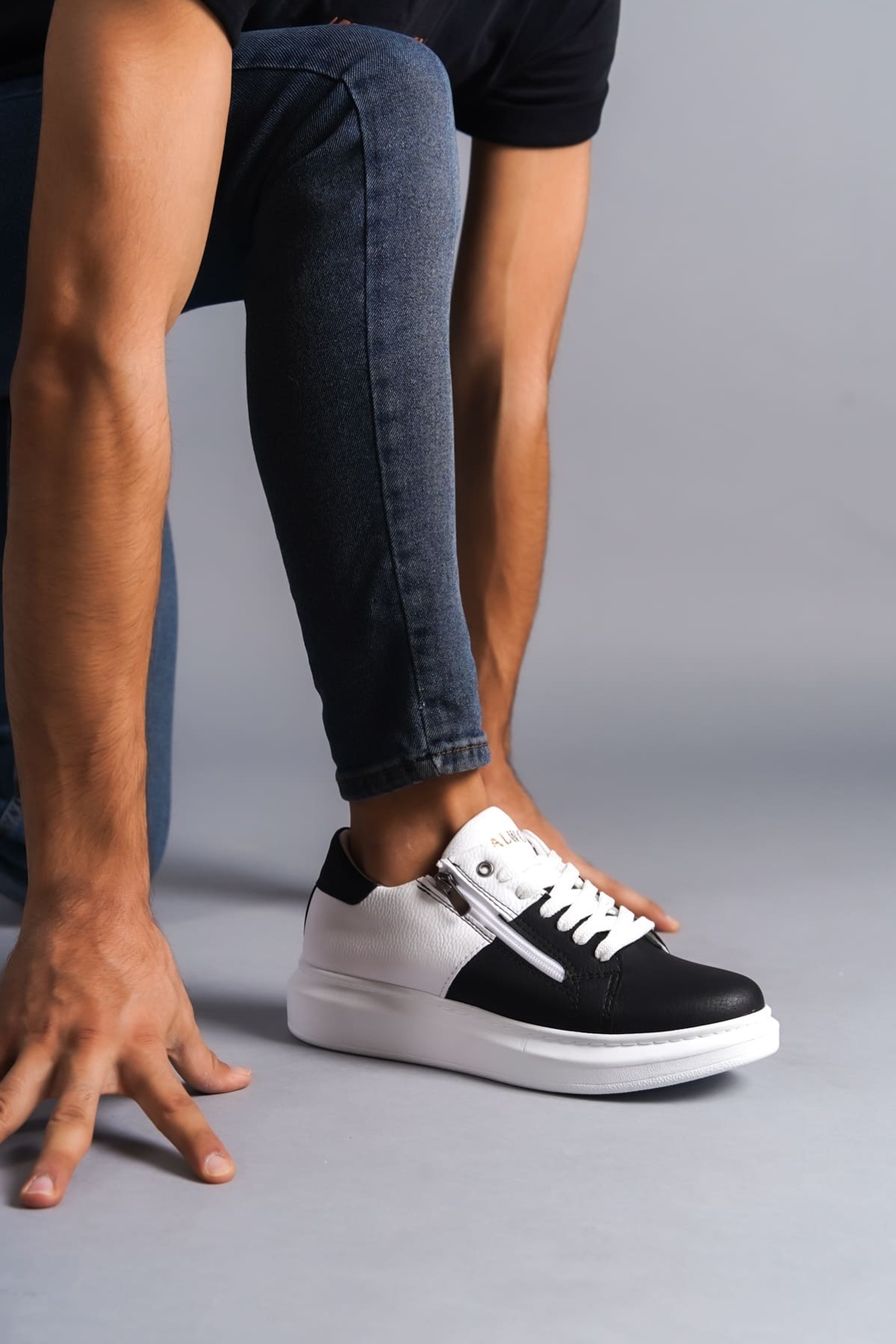 Warrior Bağcıklı ve Fermuarlı Cilt Erkek Günlük Sneaker Ayakkabı BT Beyaz/Siyah