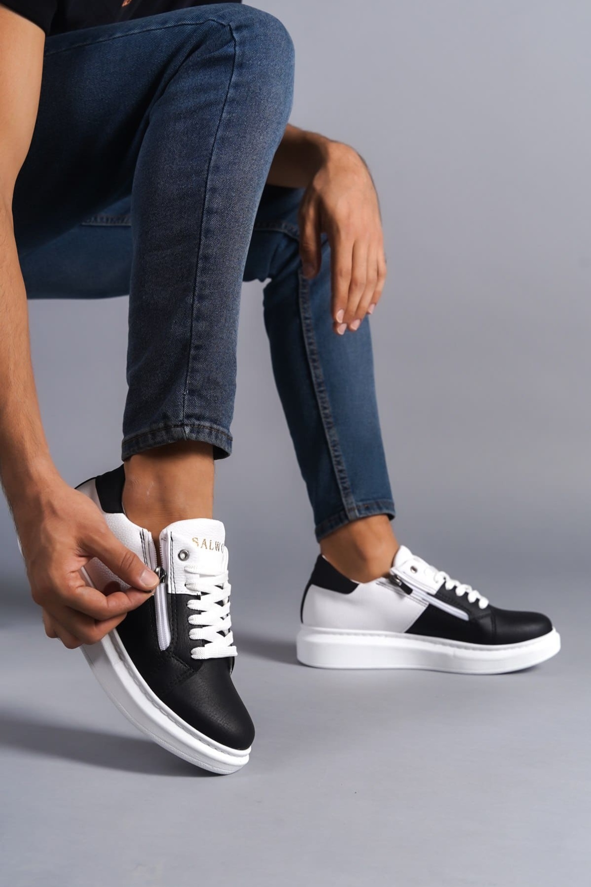 Warrior Bağcıklı ve Fermuarlı Cilt Erkek Günlük Sneaker Ayakkabı BT Beyaz/Siyah