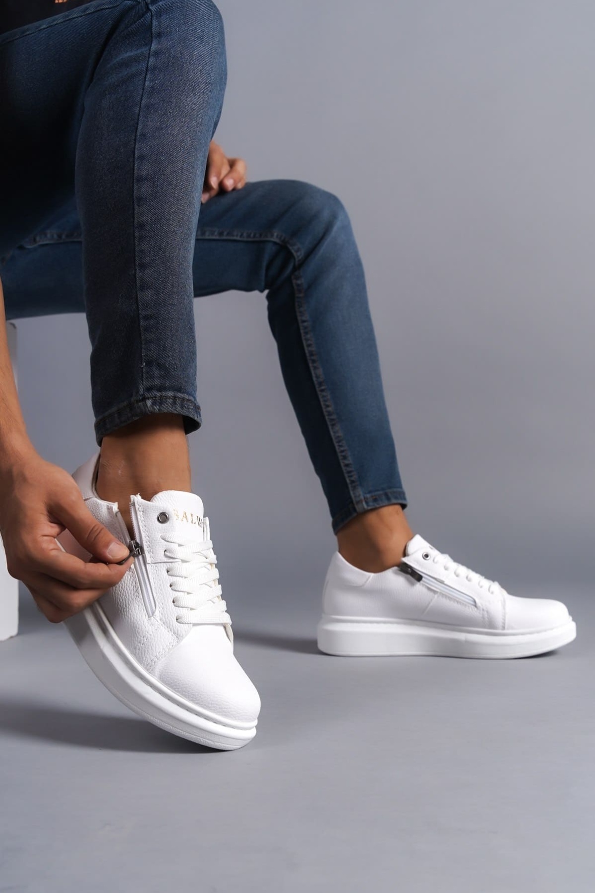 Warrior Bağcıklı ve Fermuarlı Cilt Erkek Günlük Sneaker Ayakkabı BT Beyaz