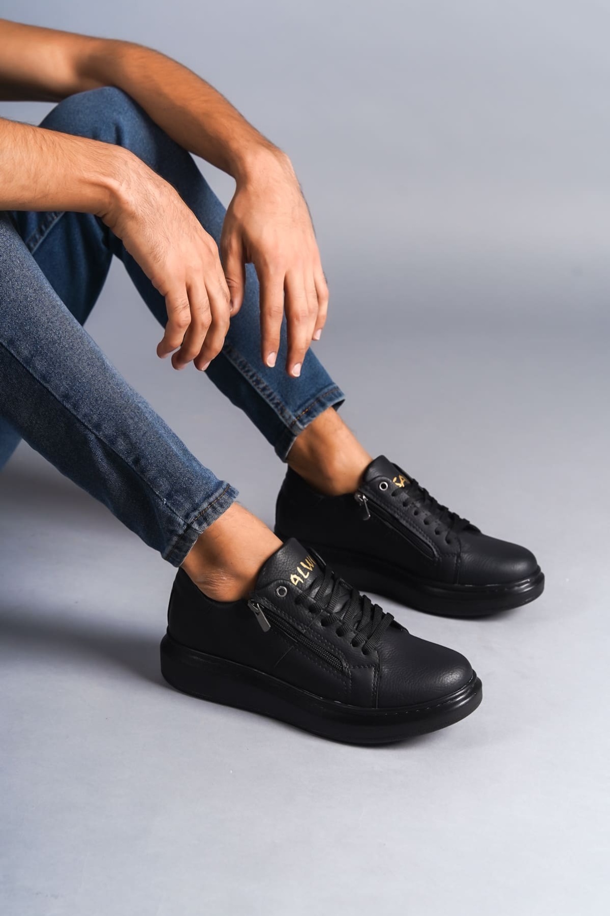 Warrior Bağcıklı ve Fermuarlı Cilt Erkek Günlük Sneaker Ayakkabı ST Siyah