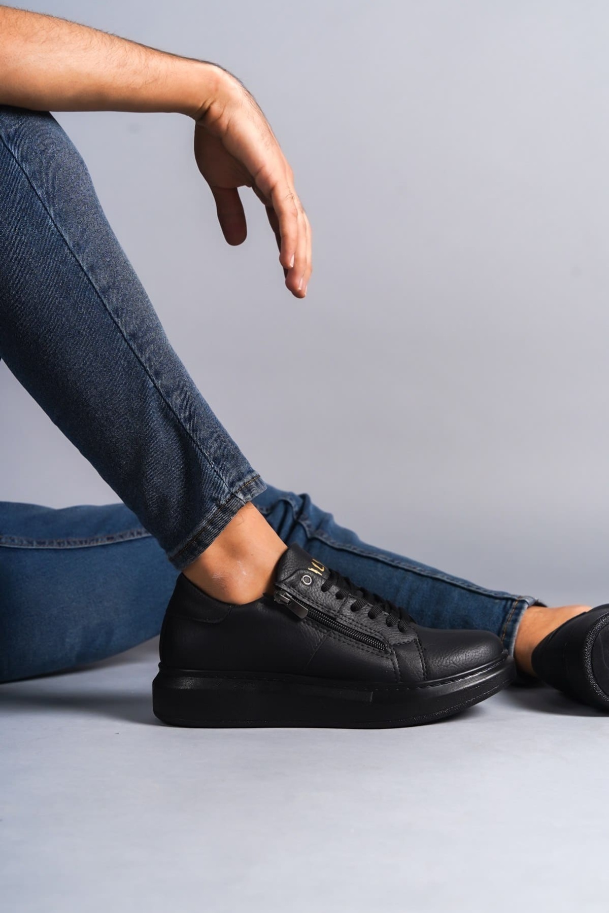 Warrior Bağcıklı ve Fermuarlı Cilt Erkek Günlük Sneaker Ayakkabı ST Siyah