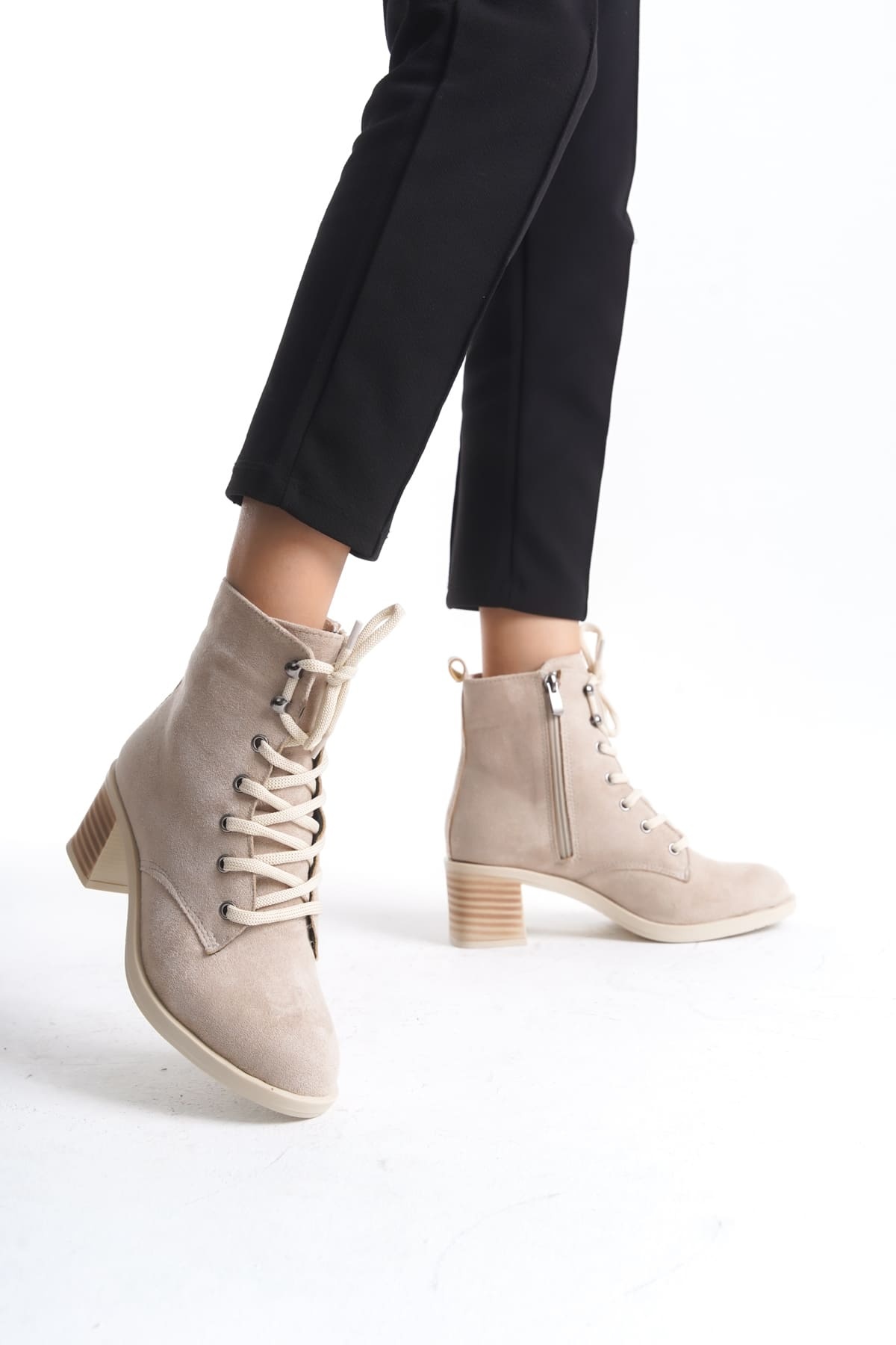 New Lena Bej Süet Kadın Topuklu Bot