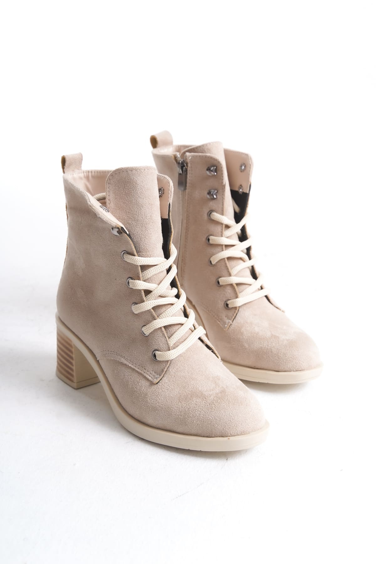 New Lena Bej Süet Kadın Topuklu Bot