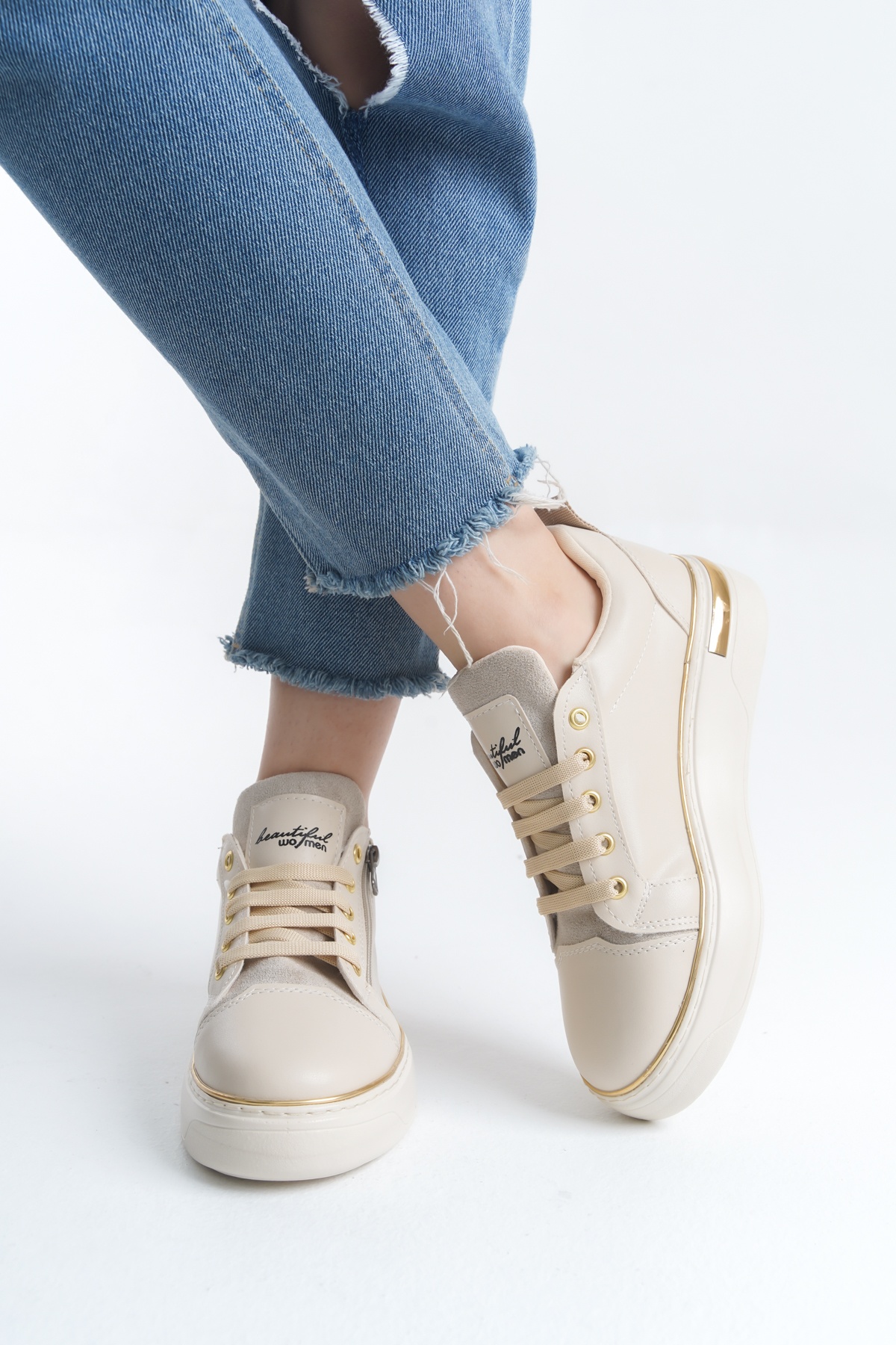 DINA Krem Gold Bağcıklı Fermuarlı Ortopedik Taban Kadın Sneaker Spor Ayakkabı