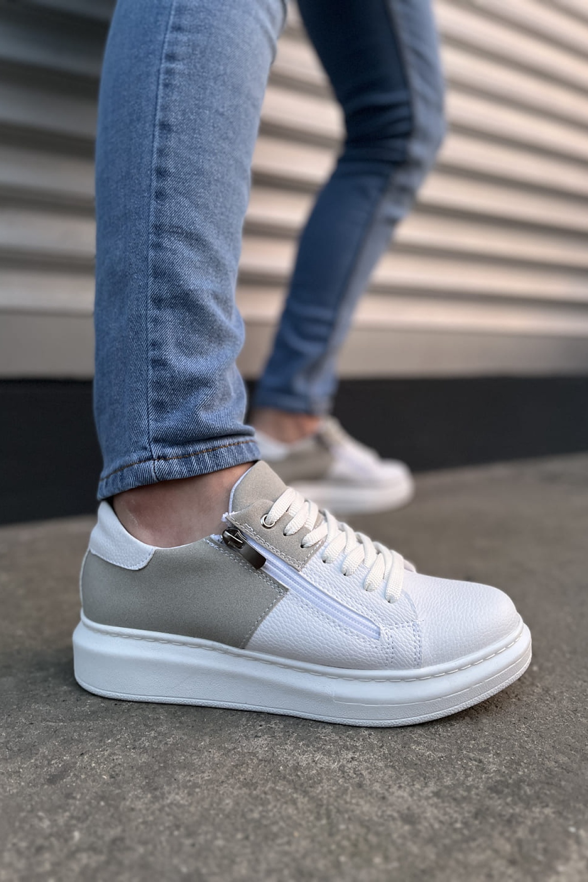 Warrior Bağcıklı ve Fermuarlı Cilt Süet Erkek Günlük Sneaker Ayakkabı CSBT - Beyaz/Gri