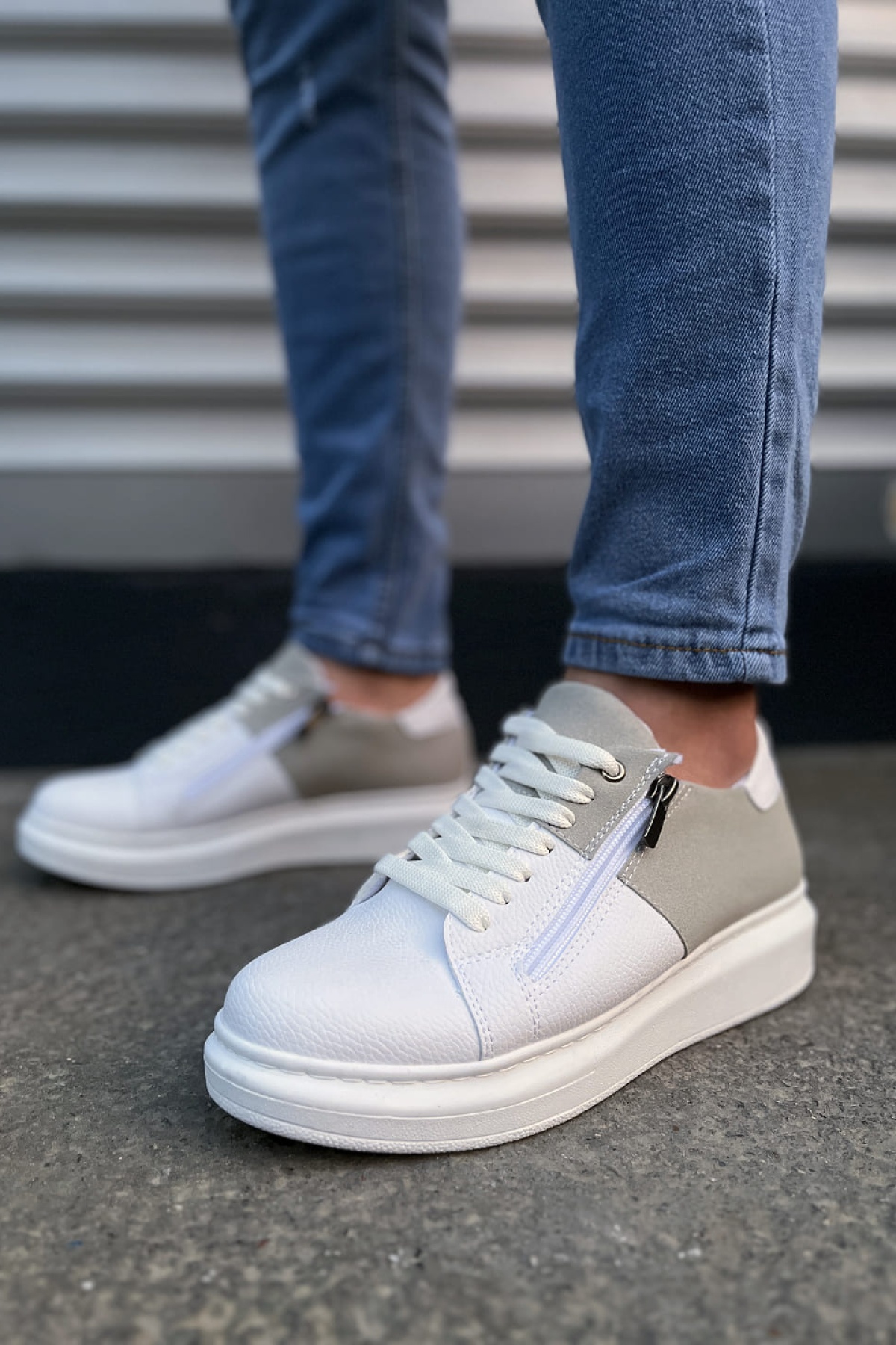 Warrior Bağcıklı ve Fermuarlı Cilt Süet Erkek Günlük Sneaker Ayakkabı CSBT - Beyaz/Gri