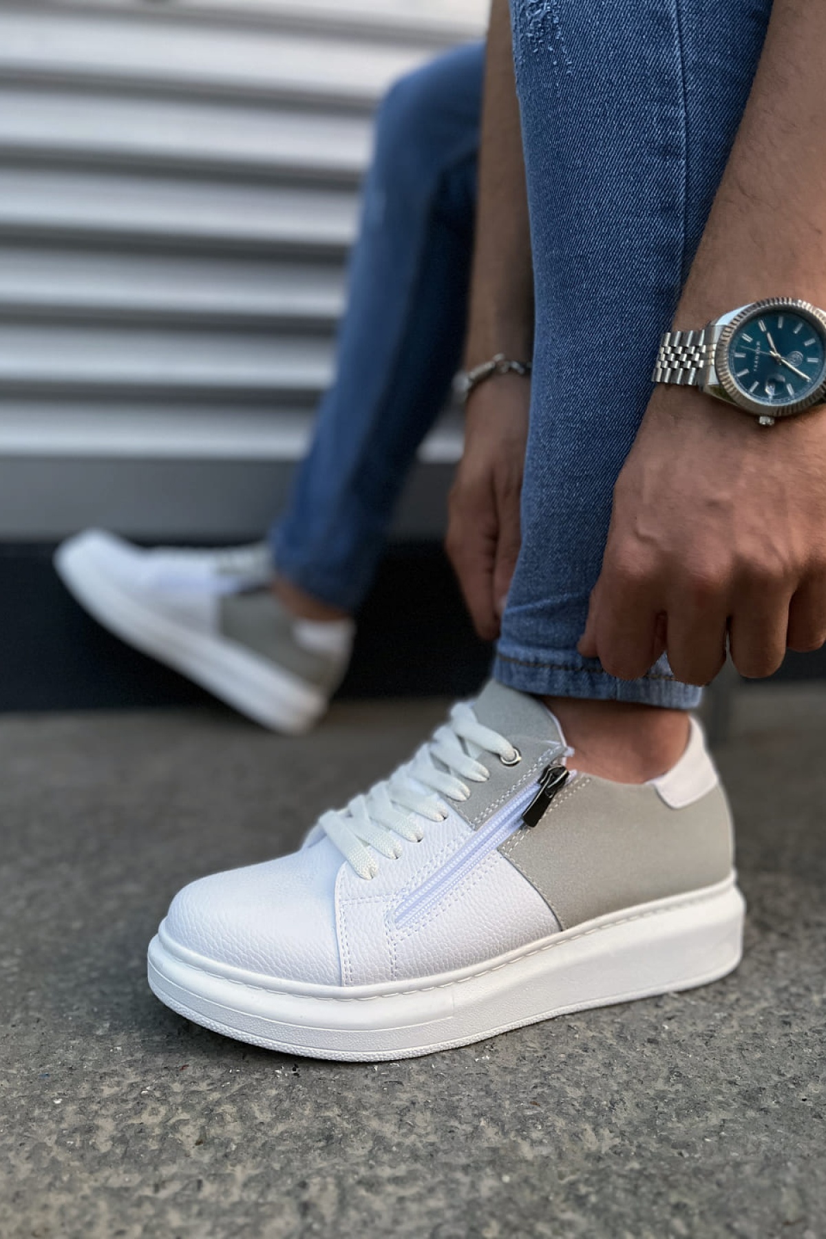 Warrior Bağcıklı ve Fermuarlı Cilt Süet Erkek Günlük Sneaker Ayakkabı CSBT - Beyaz/Gri