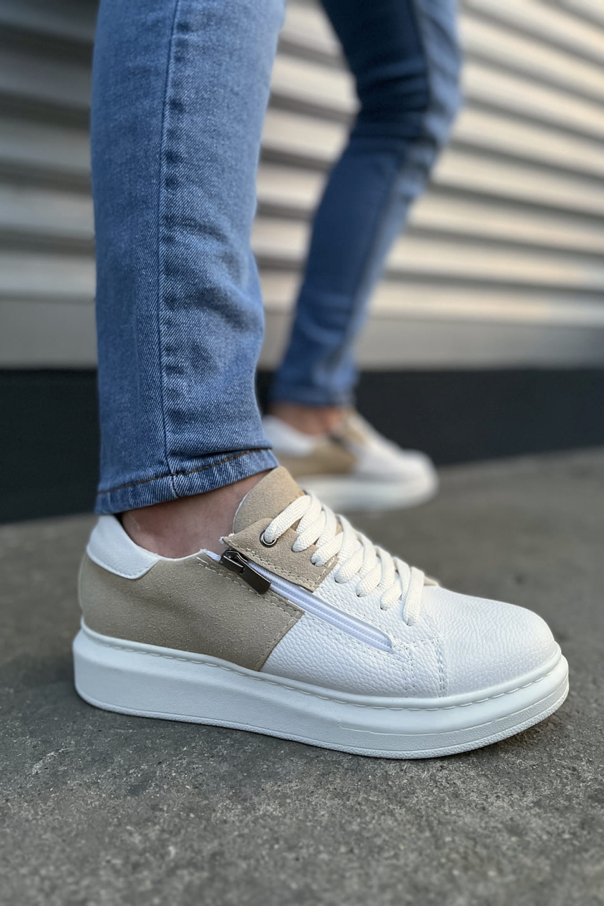 Warrior Bağcıklı ve Fermuarlı Cilt Süet Erkek Günlük Sneaker Ayakkabı CSBT - Beyaz/Krem