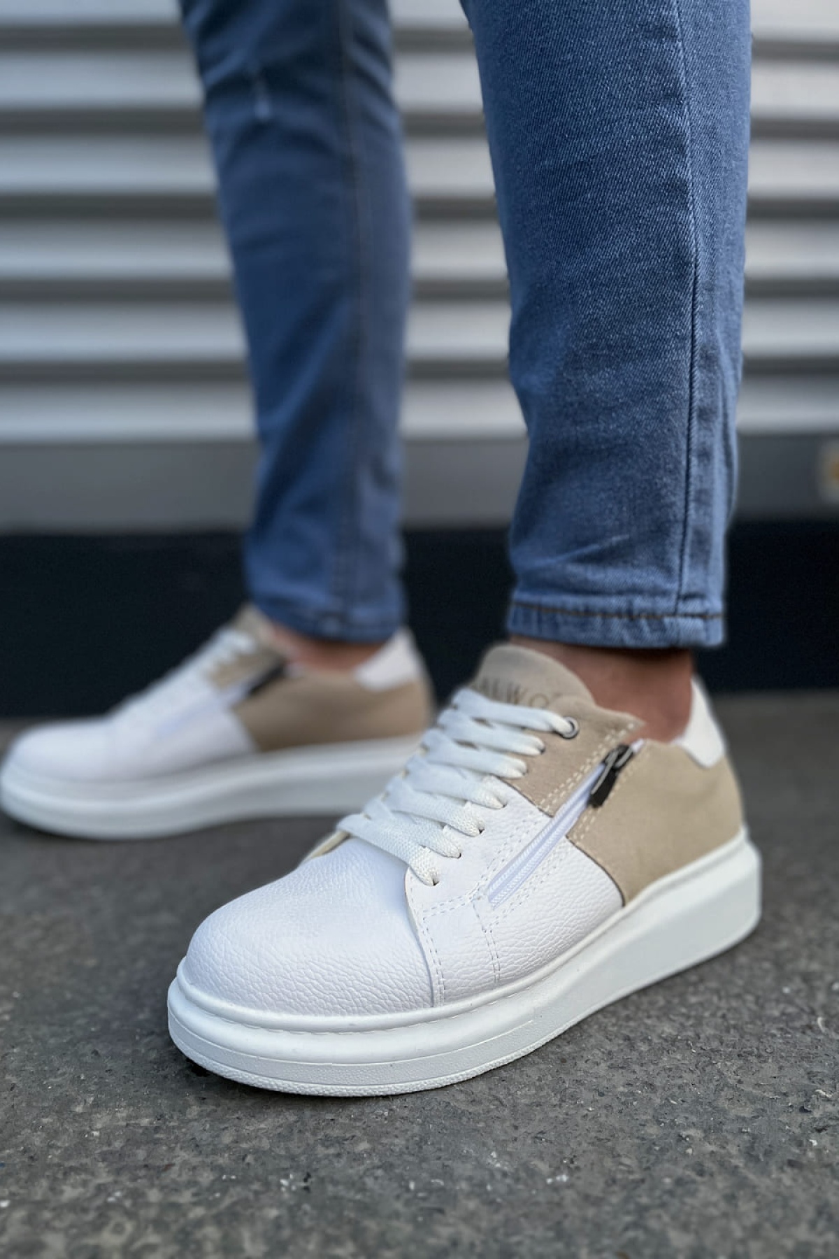 Warrior Bağcıklı ve Fermuarlı Cilt Süet Erkek Günlük Sneaker Ayakkabı CSBT - Beyaz/Krem
