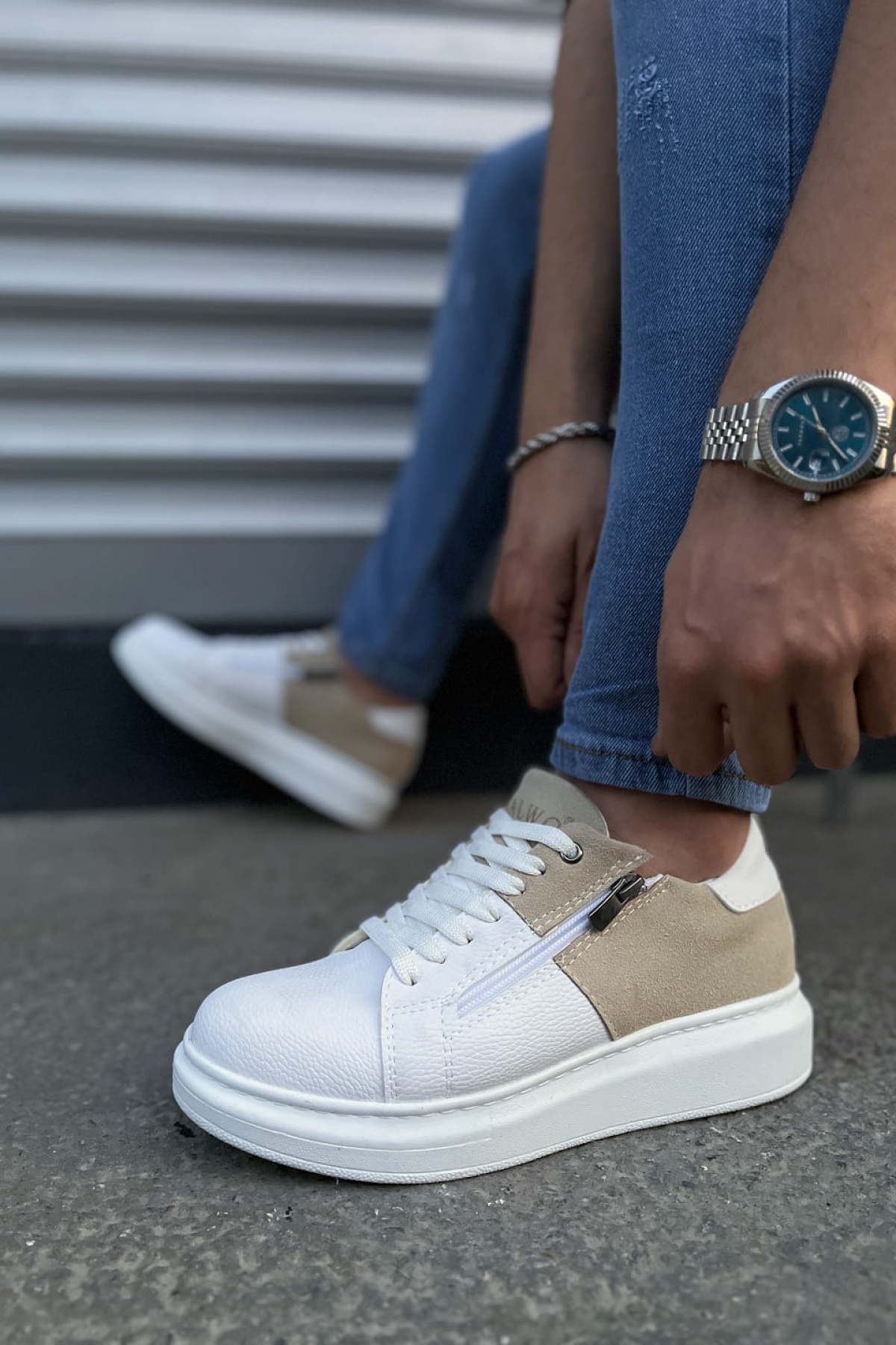 Warrior Bağcıklı ve Fermuarlı Cilt Süet Erkek Günlük Sneaker Ayakkabı CSBT - Beyaz/Krem