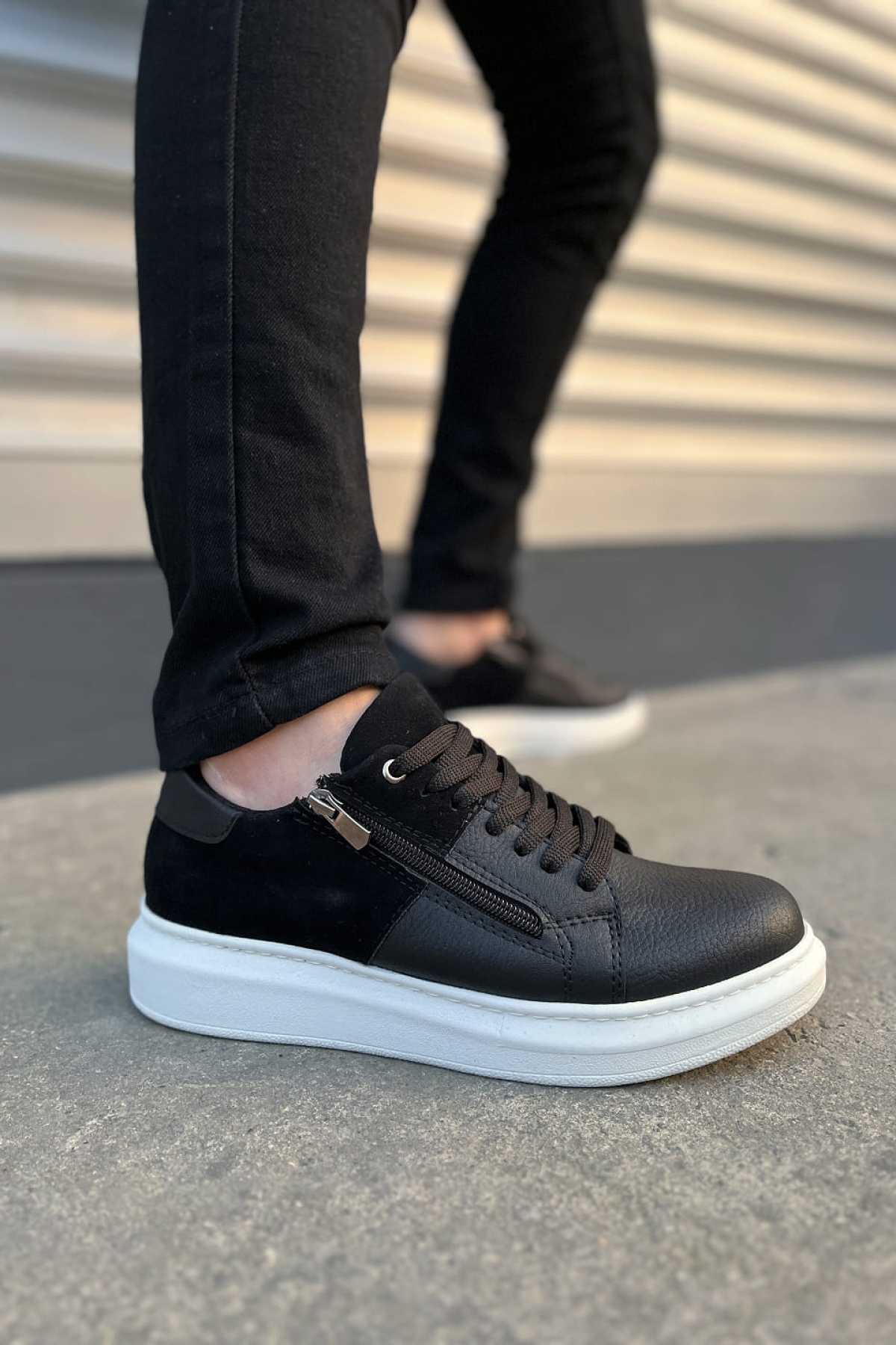 Warrior Bağcıklı ve Fermuarlı Cilt Süet Erkek Günlük Sneaker Ayakkabı CSBT - Siyah