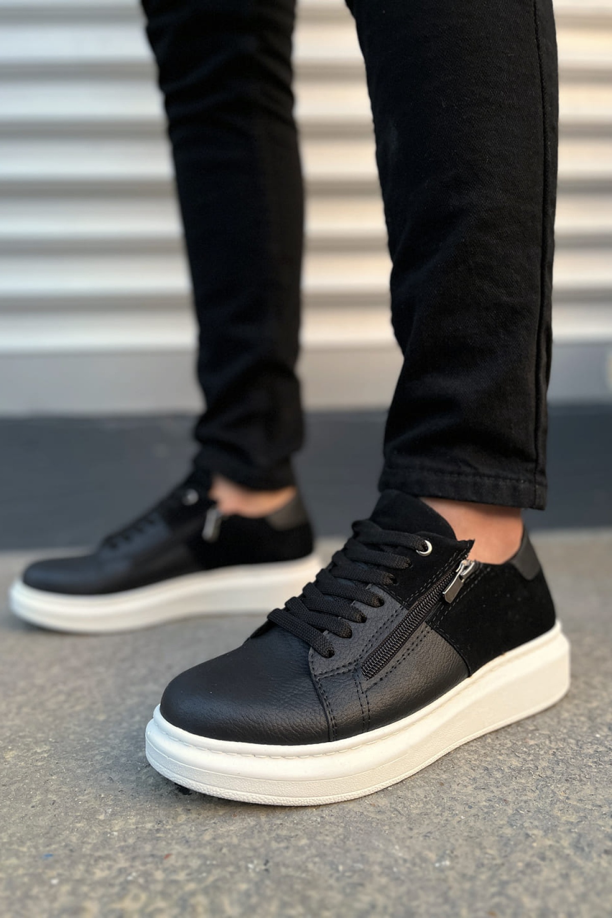 Warrior Bağcıklı ve Fermuarlı Cilt Süet Erkek Günlük Sneaker Ayakkabı CSBT - Siyah