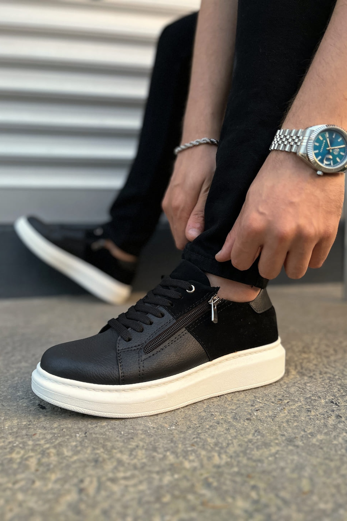 Warrior Bağcıklı ve Fermuarlı Cilt Süet Erkek Günlük Sneaker Ayakkabı CSBT - Siyah