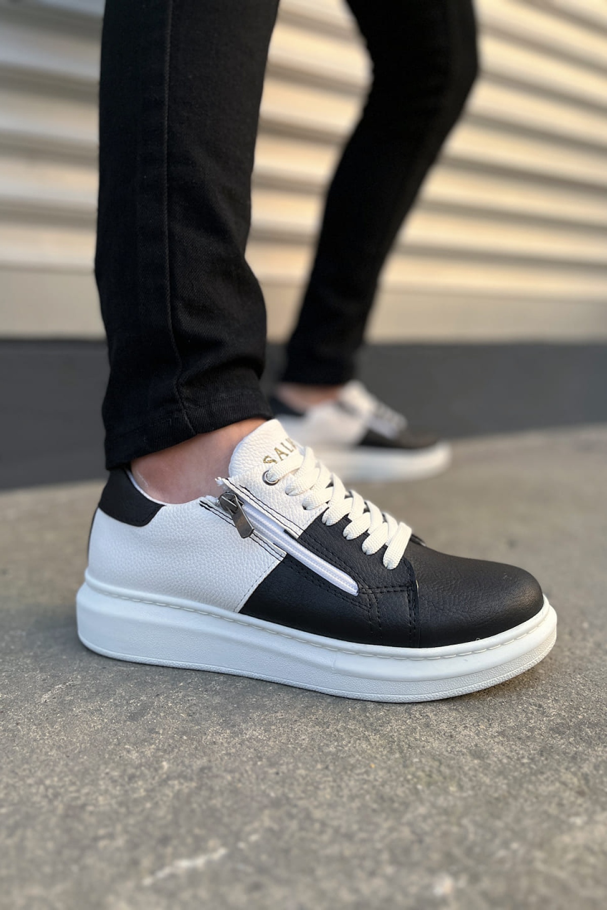 Warrior Bağcıklı ve Fermuarlı Cilt Erkek Günlük Sneaker Ayakkabı CBT - Beyaz/Siyah