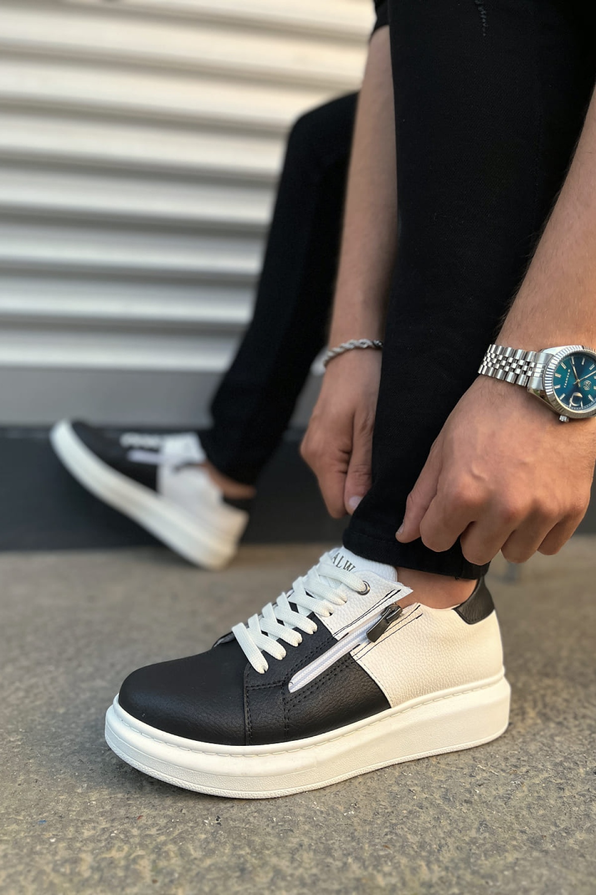 Warrior Bağcıklı ve Fermuarlı Cilt Erkek Günlük Sneaker Ayakkabı CBT - Beyaz/Siyah