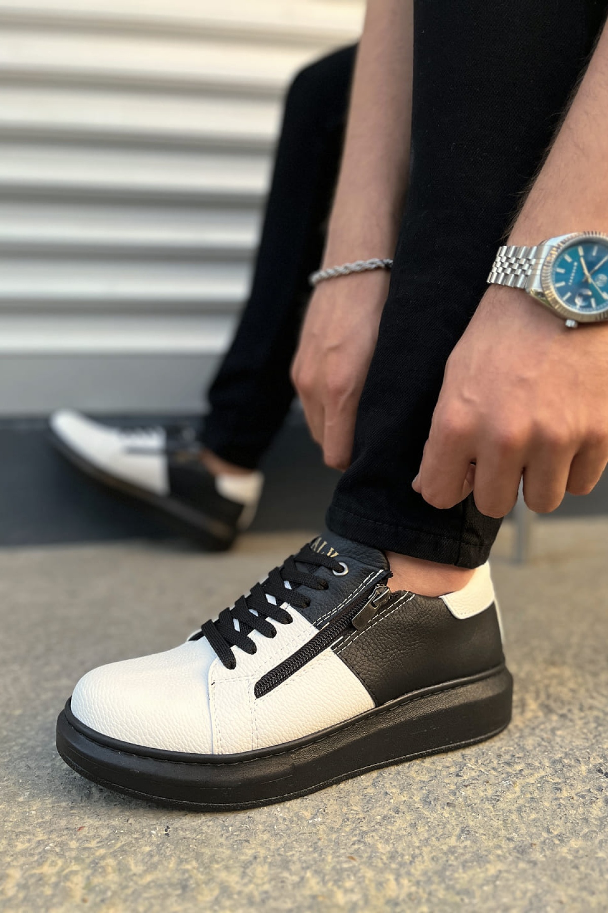 Warrior Bağcıklı ve Fermuarlı Cilt Erkek Günlük Sneaker Ayakkabı CST - Siyah/Beyaz