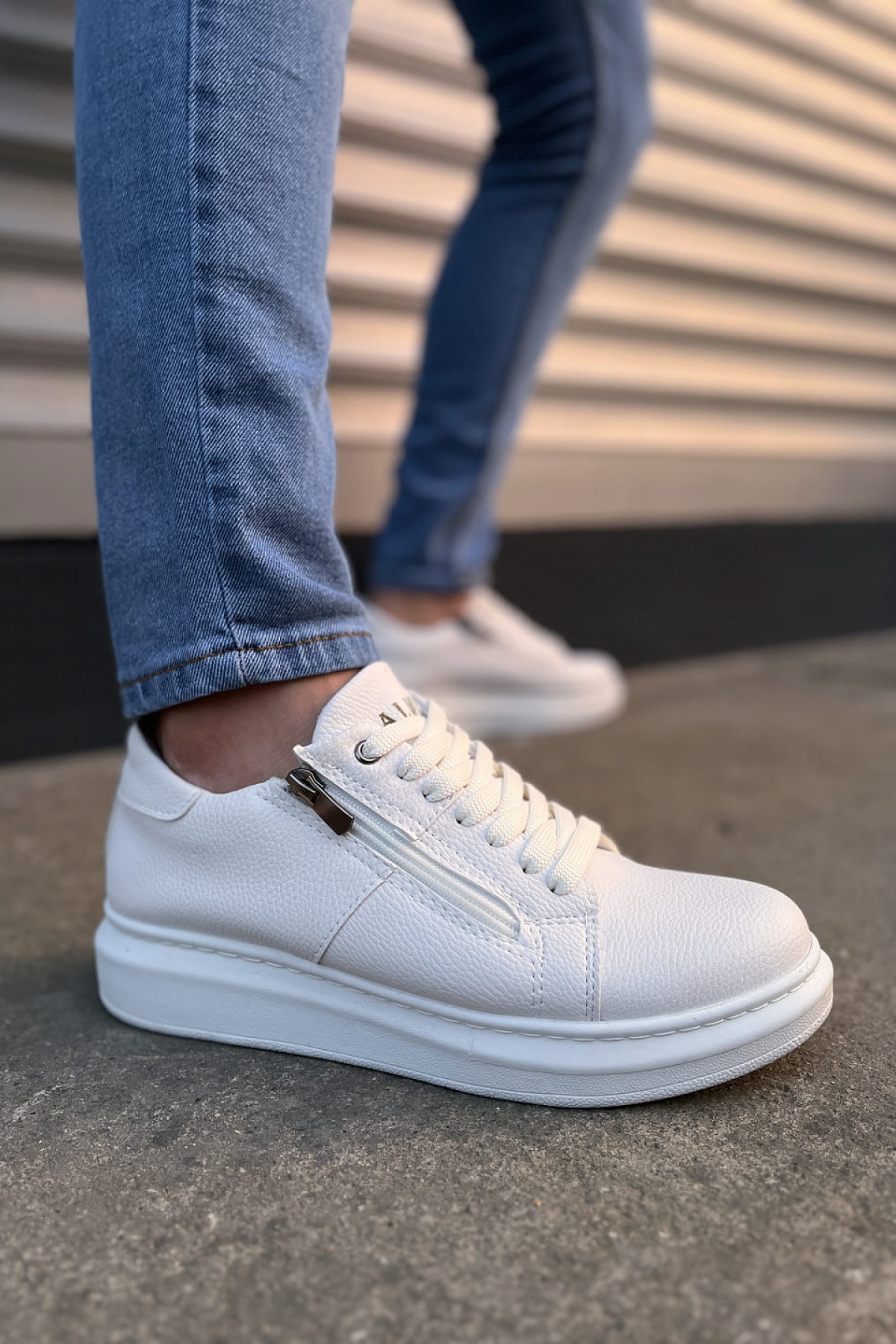 Warrior Bağcıklı ve Fermuarlı Cilt Erkek Günlük Sneaker Ayakkabı CBT - Beyaz