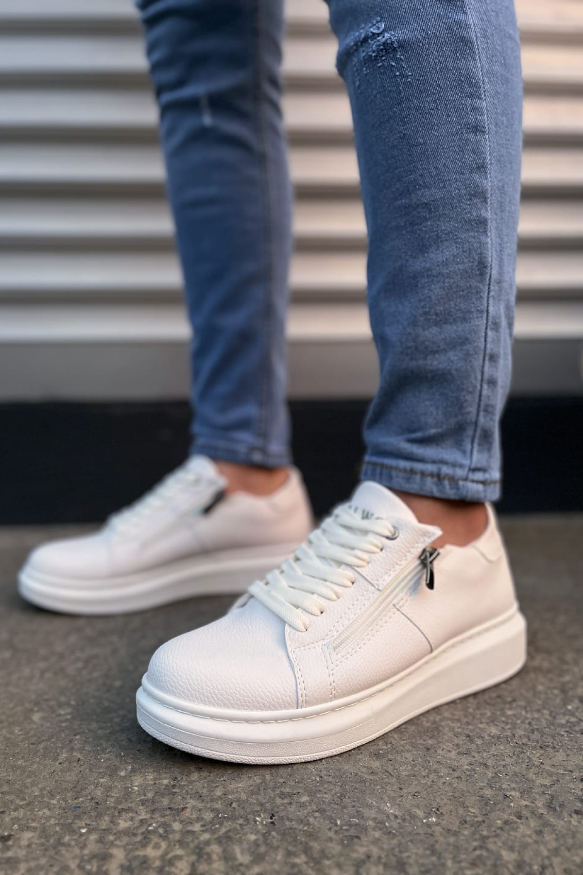 Warrior Bağcıklı ve Fermuarlı Cilt Erkek Günlük Sneaker Ayakkabı CBT - Beyaz