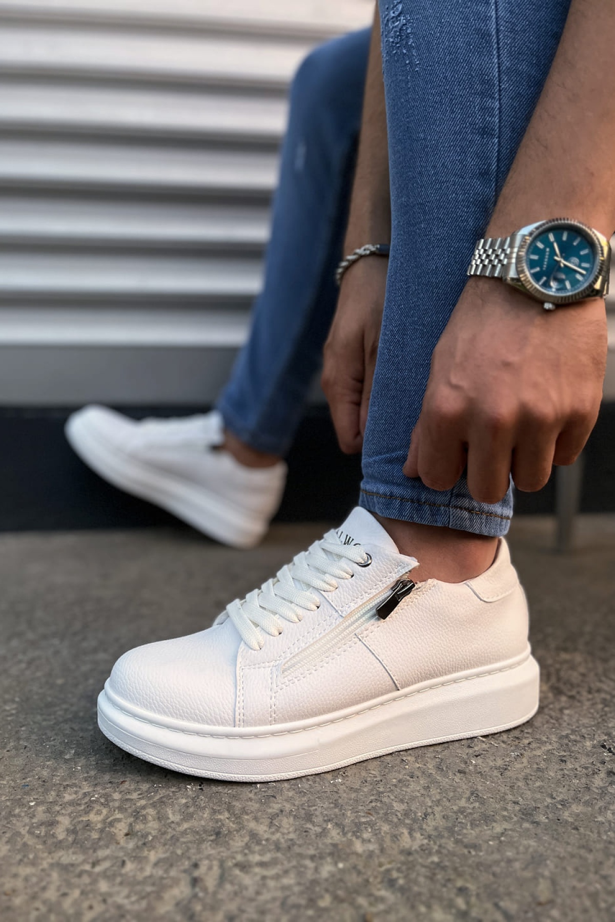 Warrior Bağcıklı ve Fermuarlı Cilt Erkek Günlük Sneaker Ayakkabı CBT - Beyaz