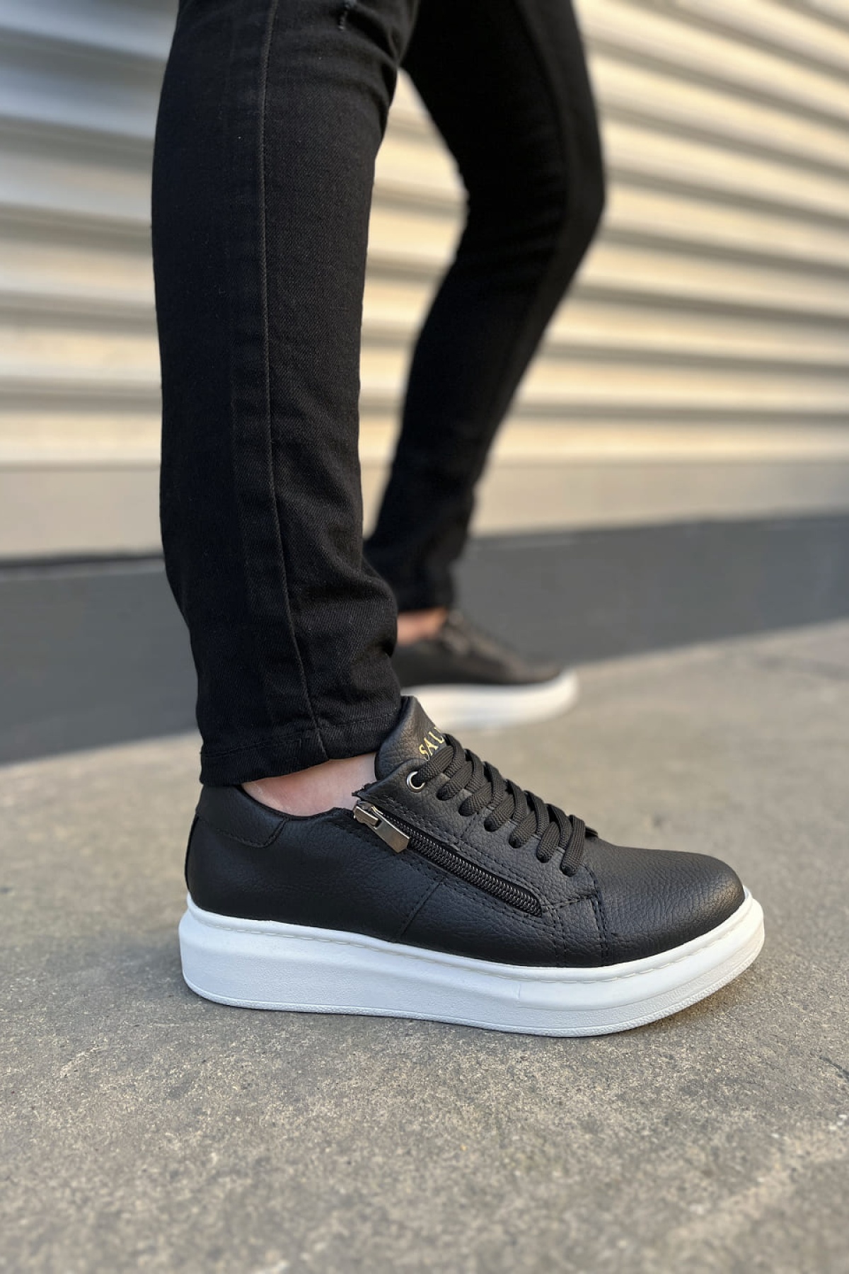 Warrior Bağcıklı ve Fermuarlı Cilt Erkek Günlük Sneaker Ayakkabı CBT - Siyah