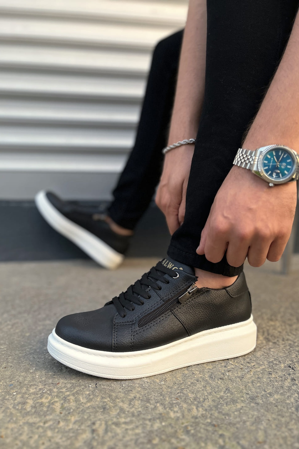 Warrior Bağcıklı ve Fermuarlı Cilt Erkek Günlük Sneaker Ayakkabı CBT - Siyah