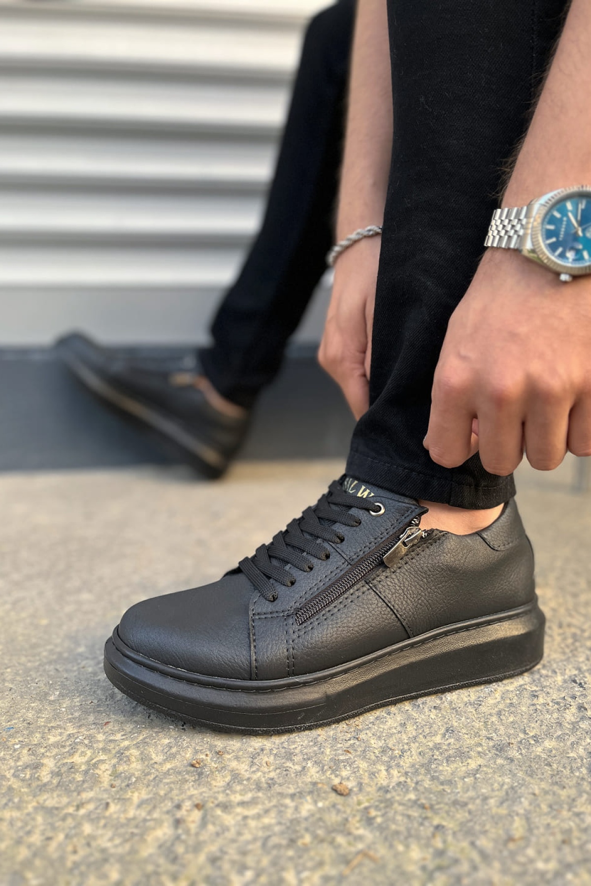 Warrior Bağcıklı ve Fermuarlı Cilt Erkek Günlük Sneaker Ayakkabı CST - Siyah