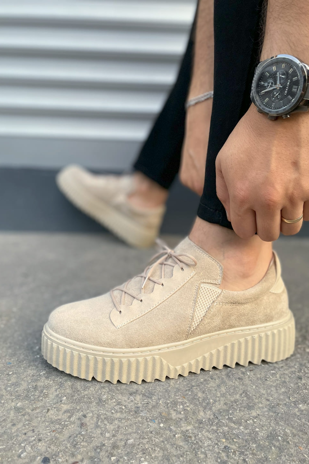 JY502 Bold Bağcıklı Süet Erkek Günlük Sneaker Ayakkabı SKT - Krem