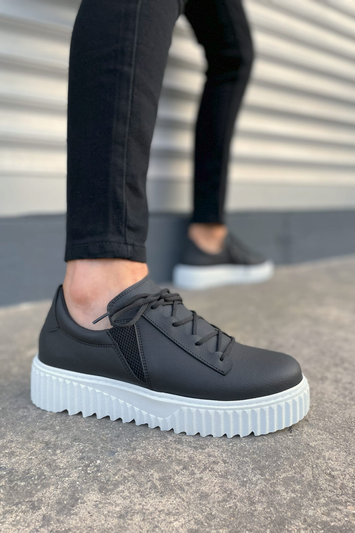 Siyah Beyaz Bold Bağcıklı Cilt Erkek Günlük Sneaker Ayakkabı