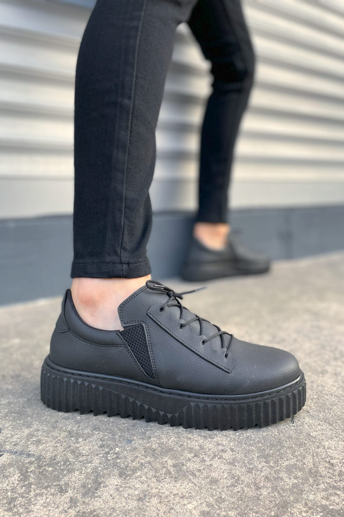 Siyah Bold Bağcıklı Cilt Erkek Günlük Sneaker Ayakkabı