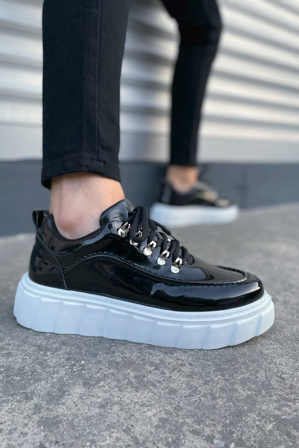 Siyah Beyaz Cloud Bağcıklı Rugan Erkek Günlük Sneaker Ayakkabı