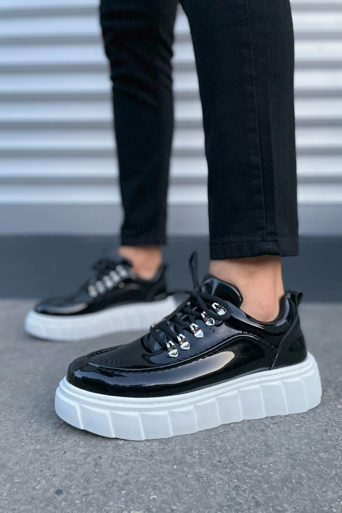 Siyah Beyaz Cloud Bağcıklı Rugan Erkek Günlük Sneaker Ayakkabı