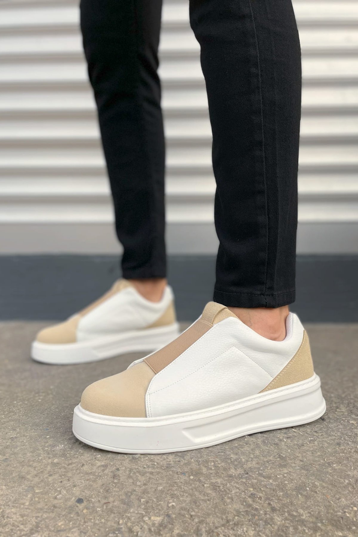 Alba Bağcıksız Süet Cilt Erkek Günlük Sneaker Ayakkabı SCBT Bej/Beyaz