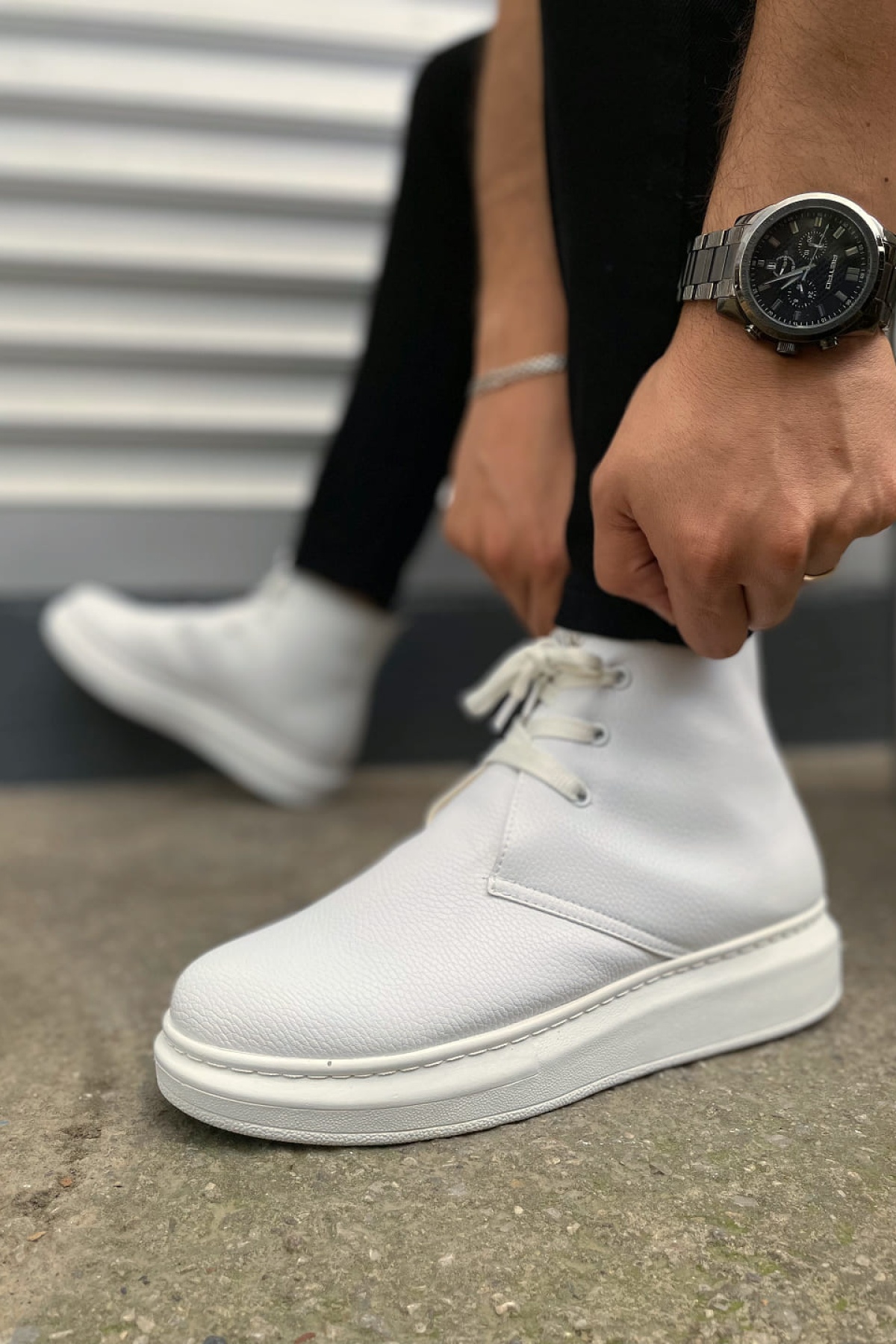 STABLE Bağcıklı Ortopedik Taban Cilt Erkek Spor Bot CBT - Beyaz