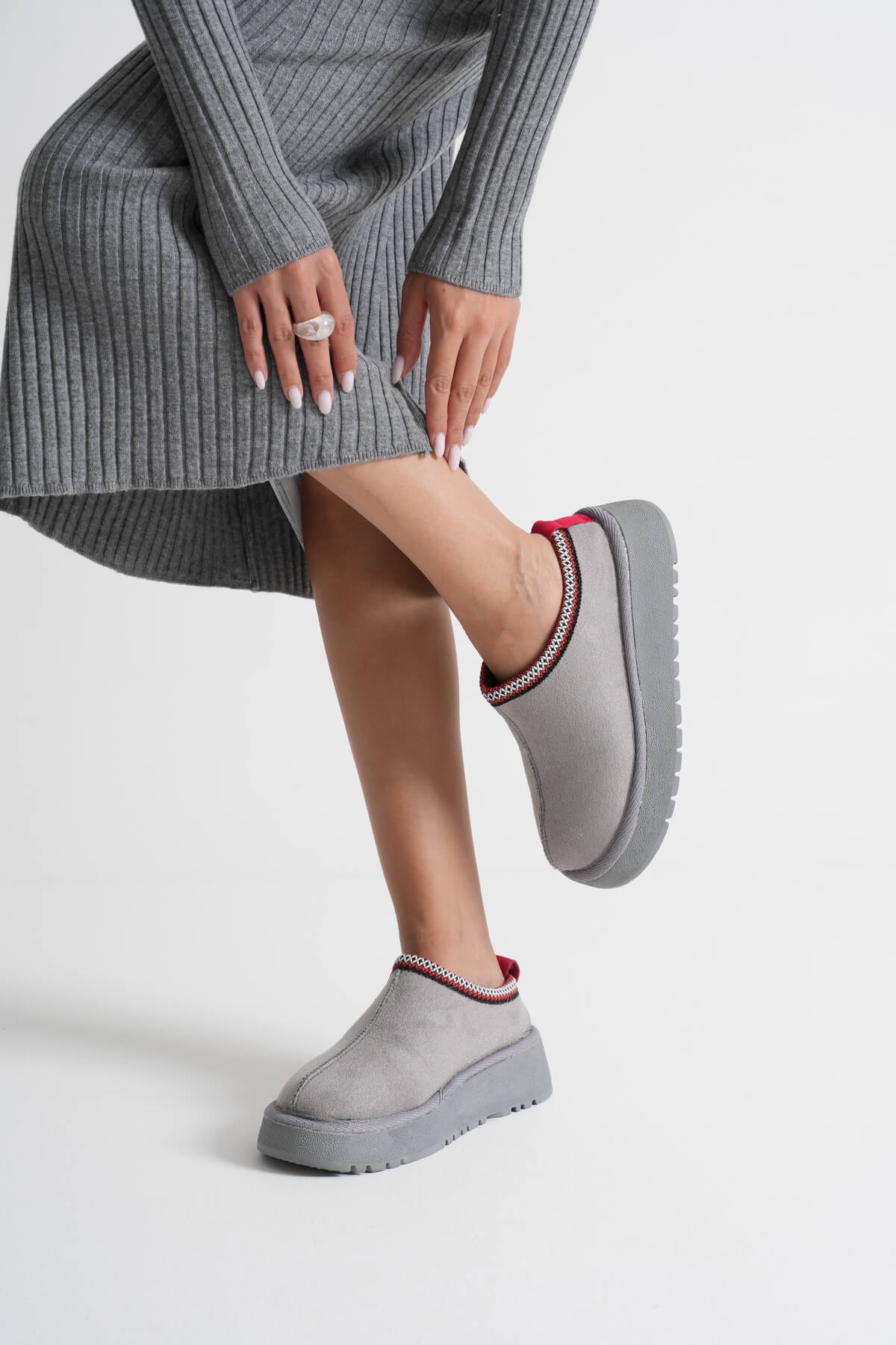 Asle Kadın Gri Kışlık Kürklü Terlik