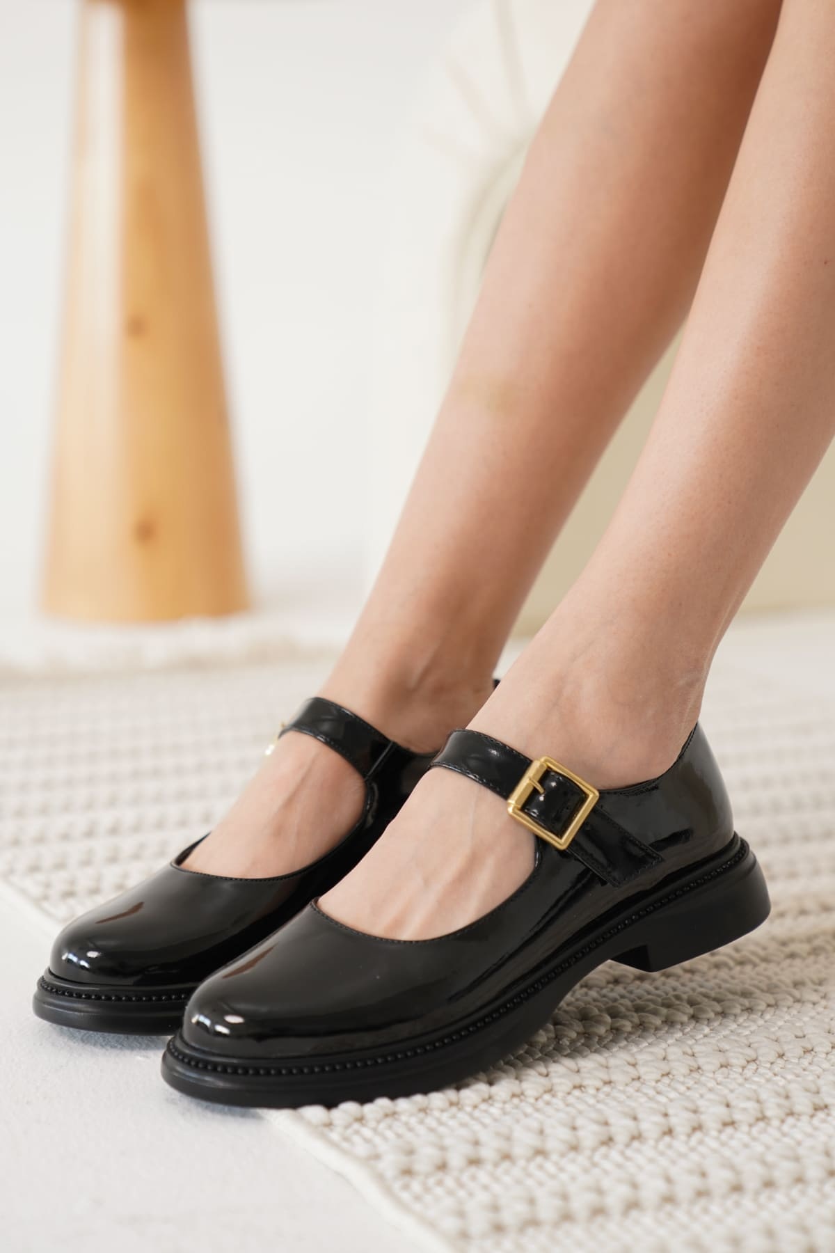 Anairb Siyah Rugan Toka Detaylı Mary Jane Ayakkabı