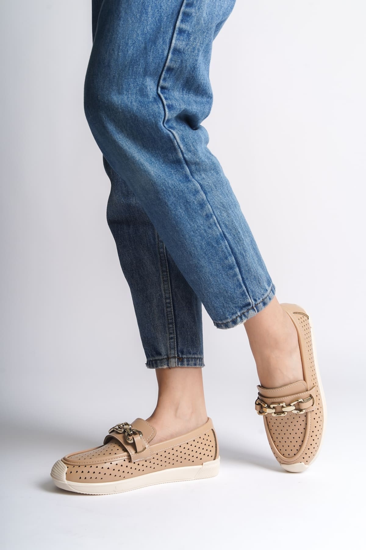 LAYLA Bağcıksız Ortopedik Rahat Taban Kalp Desenli Kadın Babet Ayakkabı CKT - Ten