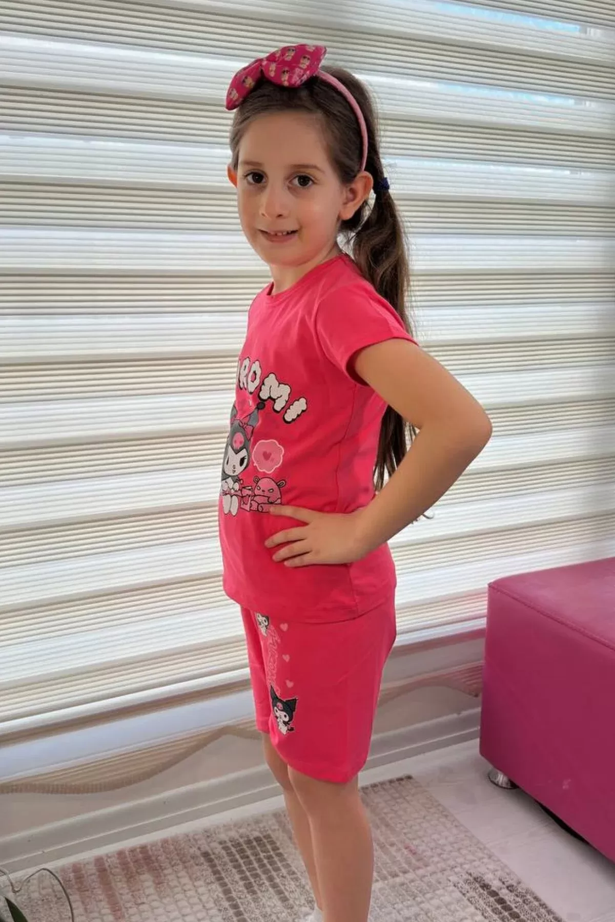 Pembe Kuromi Kısa Kollu Şortlu Çizgi Karakter Baskılı Kız Çocuk 2li Takım