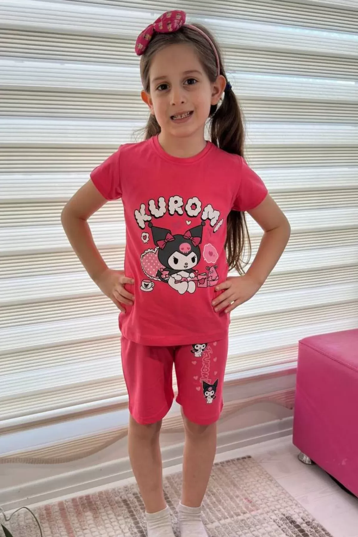 Pembe Kuromi Kısa Kollu Şortlu Çizgi Karakter Baskılı Kız Çocuk 2li Takım